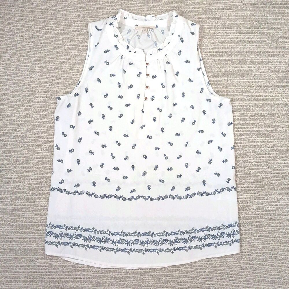 41 hawthorn womens l white blue floral sleeveless ruffle neck button top